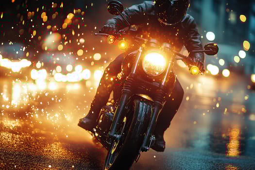 Motorcyclist in motion in the city against golden bokeh background. Generated by artificial intelligence. photo