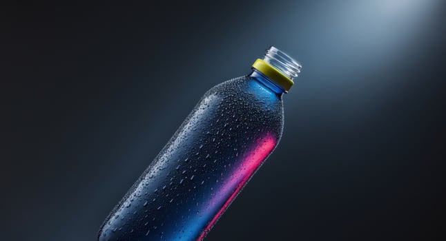 Colorful plastic bottle covered with condensation droplets on dark background photo