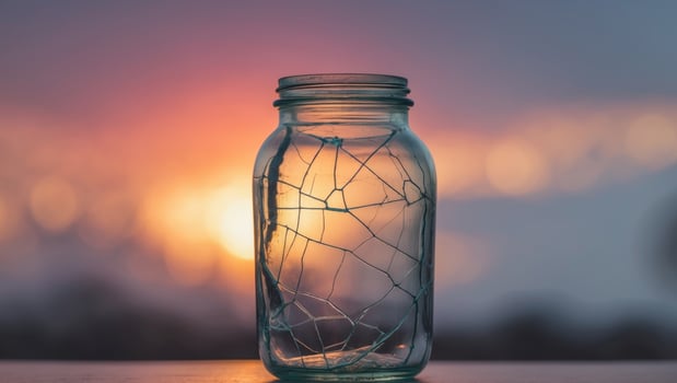 Cracked Glass Jar with Sunset Background photo