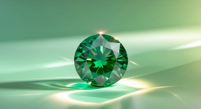 Green diamond gemstone on a green background with reflections and light shining through photo