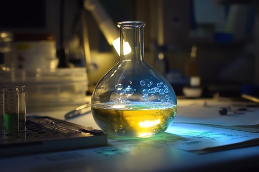 A laboratory flask containing bubbling liquid, illuminated in a scientific workspace. photo