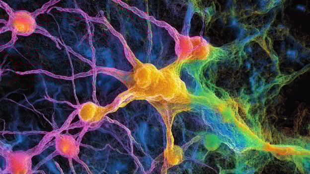 Colorful depiction of neurons showcasing neural connections and brain activity. photo