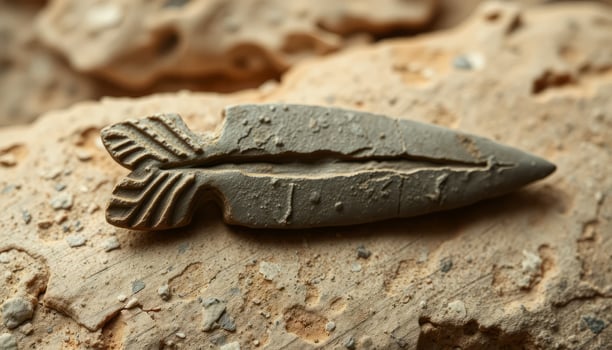 Ancient Gray Stone Arrowhead on Sandy Ground photo