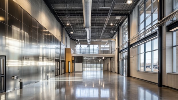 Spacious modern interior with large windows and polished floors, ideal for events or gatherings. photo