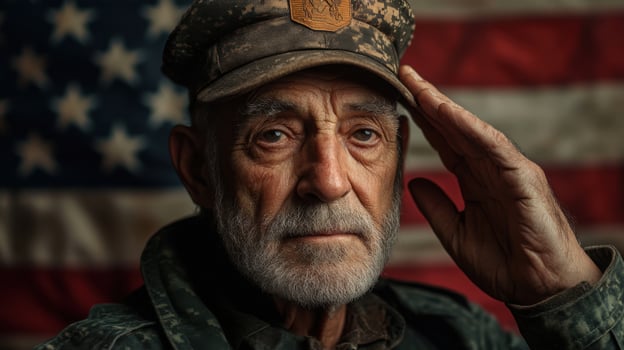 Memorial day Old soldier salutes United states flag. Veteran in uniform. Man shows respect. Senior person honors country. Pride and service. Mature adult raises hand. photo