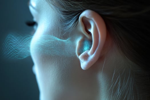 The neon sound wave passes into the human hearing organ. The female ear catches the sound vibrations in the form of a neon digital wave. photo