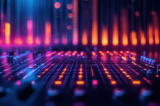 Analog and digital audio signal, music equalizer. Blurred sound background. Generated by artificial intelligence photo