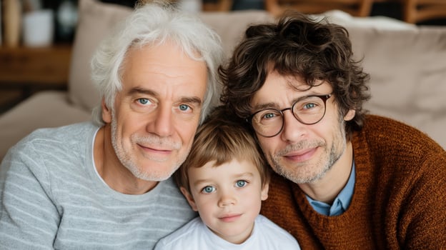 Grandfather, father and young son sitting together on cozy couch portrait image. Three generations indoors photography human scene. Close bond relationship concept photo-realistic photo