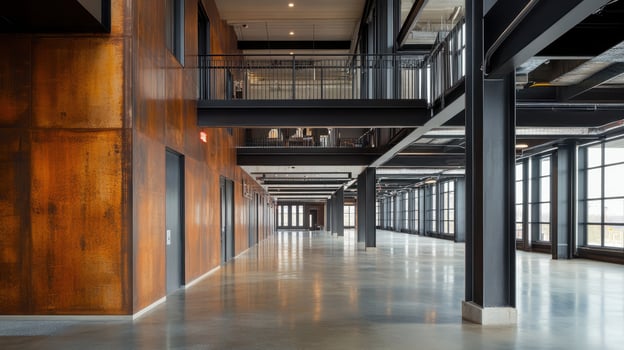 Modern industrial interior with large windows and rust-colored walls. photo