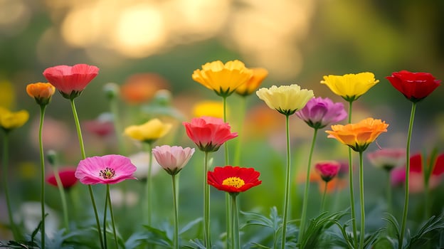 Colorful flowers in a field with a blurry background photo