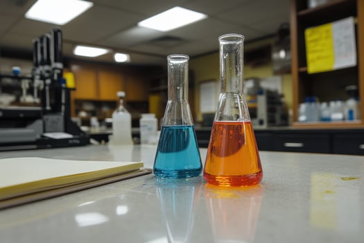 Two flasks with blue and orange liquids on a lab table in a scientific environment. photo