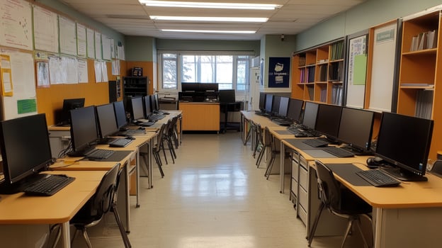 A classroom with computers arranged in rows for educational purposes. photo