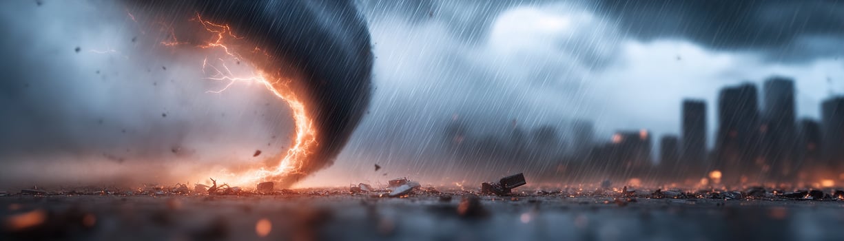 A tornado ominously takes shape under the cover of night, illuminated by intense lightning strikes. Rain blurs the view of shattered buildings in the background photo