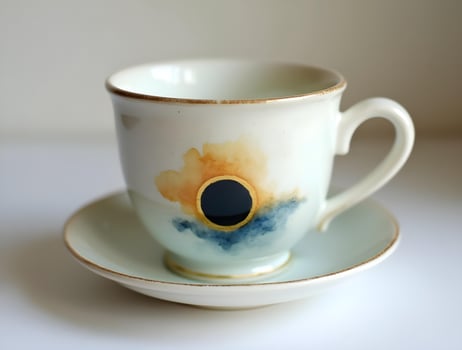 teacup and saucer, adorned with a celestial sun design photo