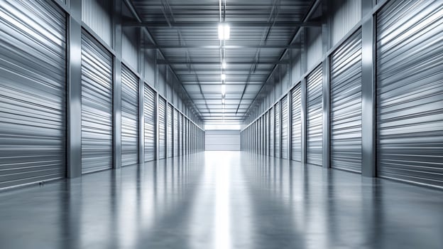 A spacious, modern storage facility with metallic doors and bright lighting. photo