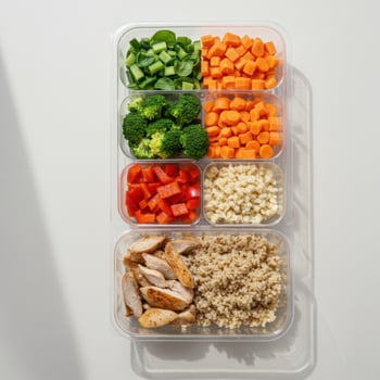 Meal prep container showcasing a balanced diet of chicken, brown rice, and colorful chopped vegetables. photo