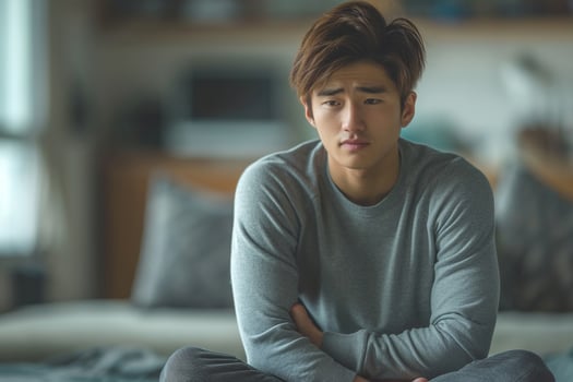 Young Asian male looking thoughtful and contemplative, seated comfortably in a cozy room. photo