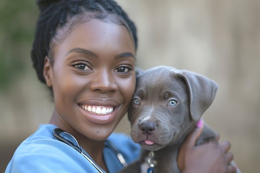 A joyful Black female veterinarian smiles while holding an adorable gray puppy close to her heart. photo