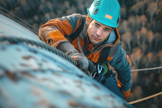 A focused young Asian male climber in safety gear ascends a steep surface, showcasing determination and skill. photo