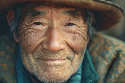An elderly Asian man with weathered skin and a warm smile, wearing a traditional hat and colorful clothing. photo