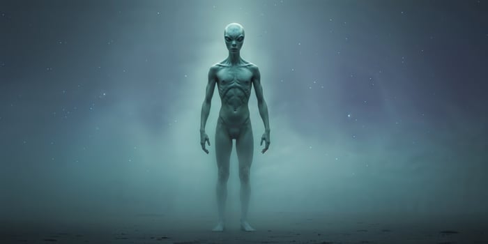 Mysterious alien figure captured in a dimly lit extraterrestrial setting. photo
