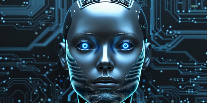 Robot Head Technology and Artificial Intelligence Concept with Circuit Background. photo