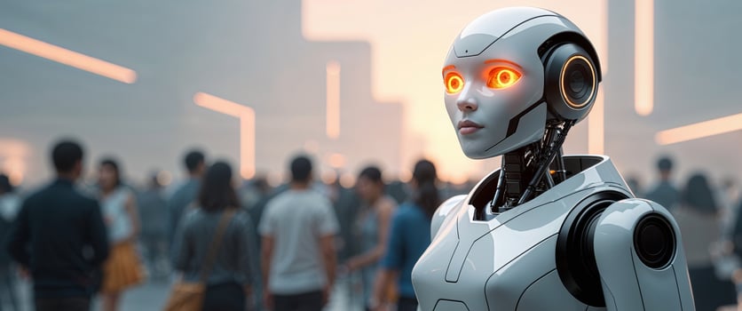 Futuristic White Robot with Orange Glowing Eyes Amidst People. photo