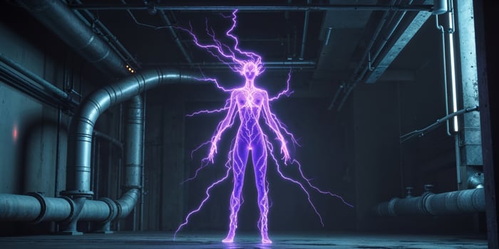 Glowing purple lightning figure in a futuristic industrial setting photo