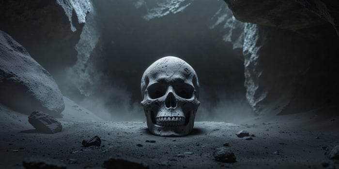 Dark and Mysterious Skull Engraved Stone in Shadowy Cavern Setting photo