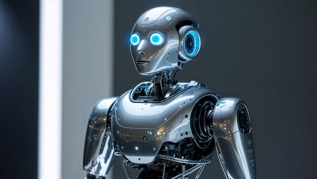 A robot with glowing eyes standing in front of a wall photo