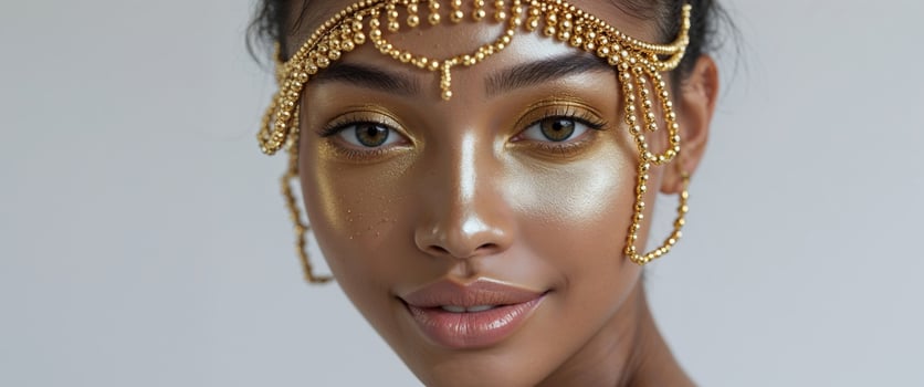 Closeup of a model wearing golden makeup and beads. photo
