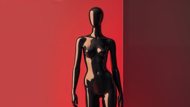 A black mannequin standing in front of a red wall photo