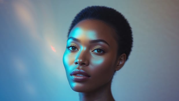 Beautiful african woman with glowing skin and bright blue eyes photo