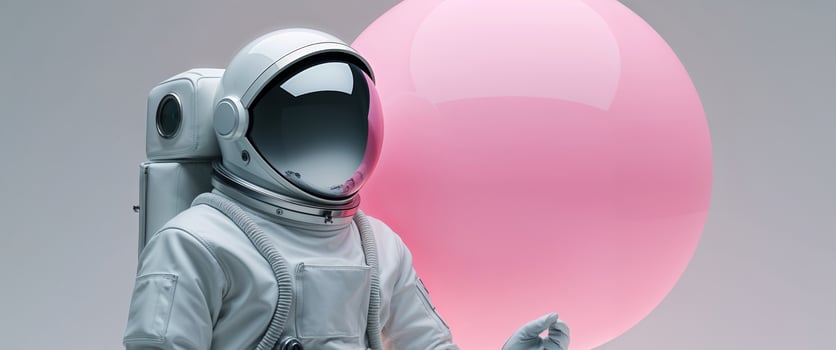 An astronaut in space holding a pink balloon photo