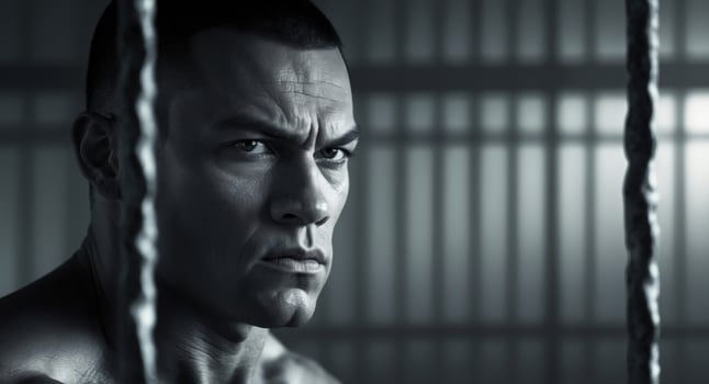 Intense gaze of a man behind bars in a dimly lit environment depicting resilience and strength during a moment of reflection photo