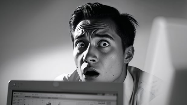 A man looking surprised while using a computer photo