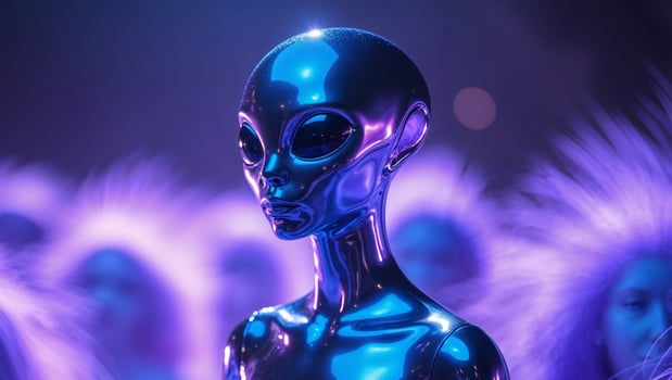 An alien with purple hair standing in front of a crowd photo