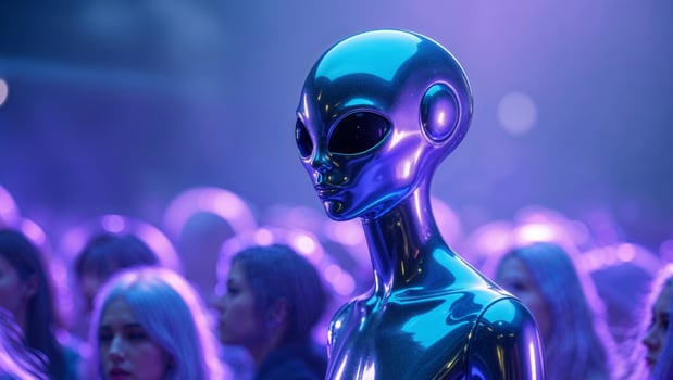 An alien is standing in front of a crowd of people photo