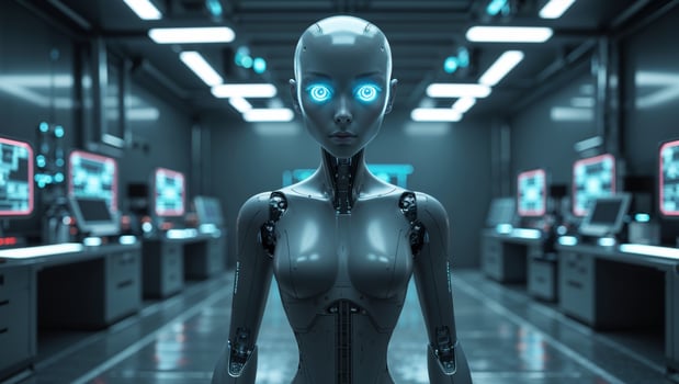 A robot standing in a dark room with blue lights photo