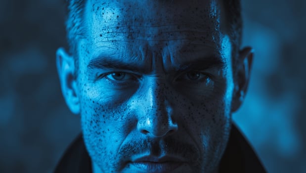 A man with a black jacket and dark blue background photo