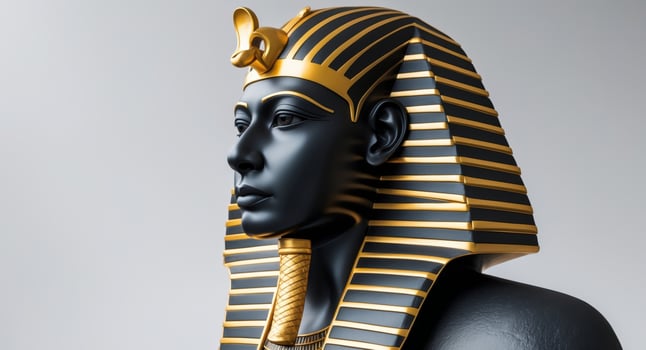 A golden and black statue depicting a historical pharaoh side profile photo