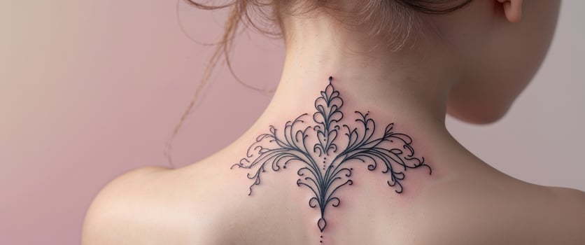 Tattoo drawing on the back of a girl on a pink background. photo