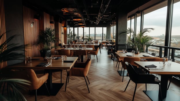 A restaurant with wooden tables and chairs photo