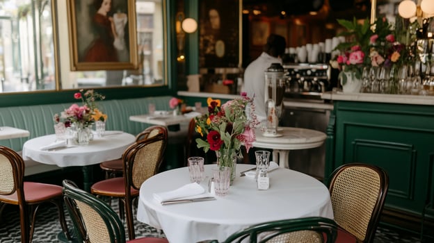 Charming cafe interior with round tables, floral arrangements, and green accents photo