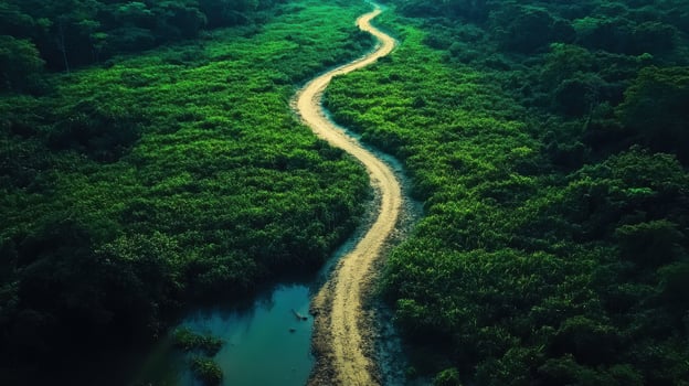 Aerial view of winding pathway through lush green forest landscape at dusk photo