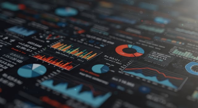 Detailed financial data analysis shown on a dark display screen with various graphs and charts. photo