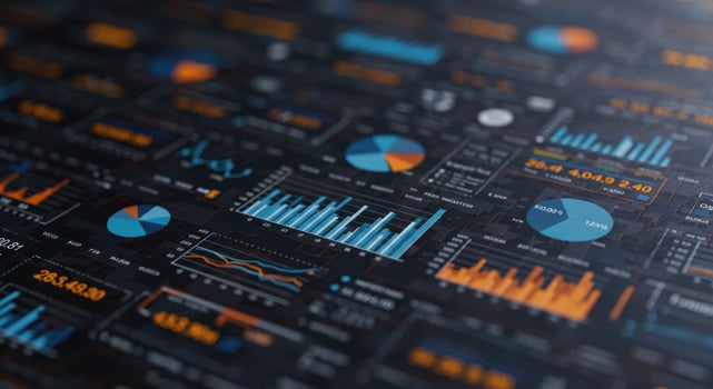 An abstract digital dashboard display shows data charts, graphs, and tables for business intelligence. photo