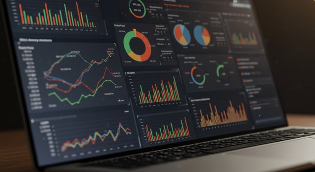 On a laptop, comprehensive dashboards visualize business data, presenting charts and graphs photo