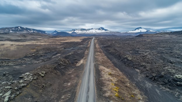 Long road through barren landscape leading to snowy mountains under cloudy sky photo