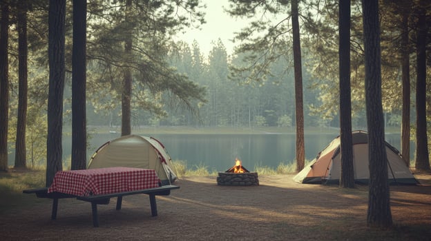 Serene lakeside campsite with tents and campfire surrounded by pine trees photo